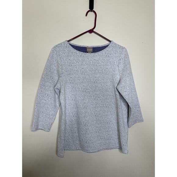 Chicos Size 1 US 8 Ribbed 3/4 Sleeve White Blue Shirt Quilted Feel Thicker - Picture 1 of 7